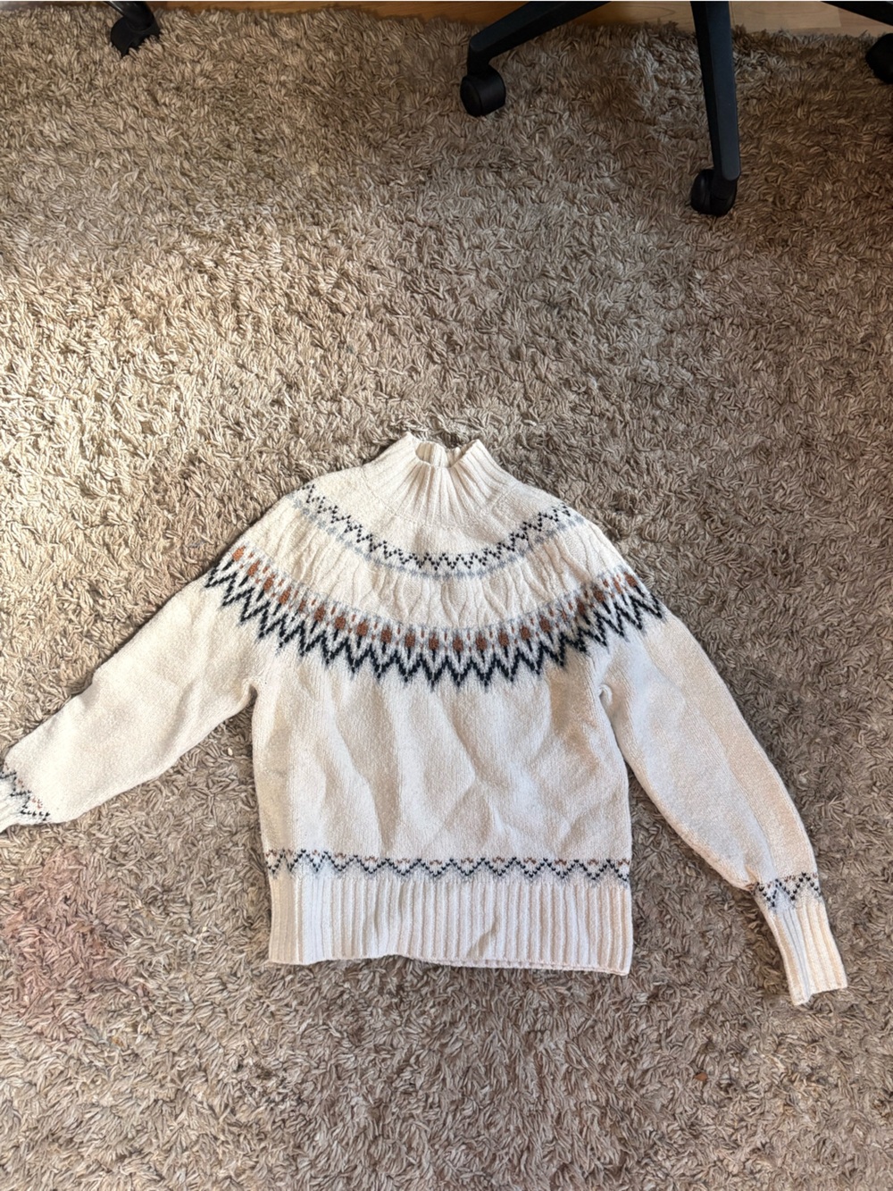 Free People Cream Fair Isle Turtleneck Sweater with Navy & Brown Accents